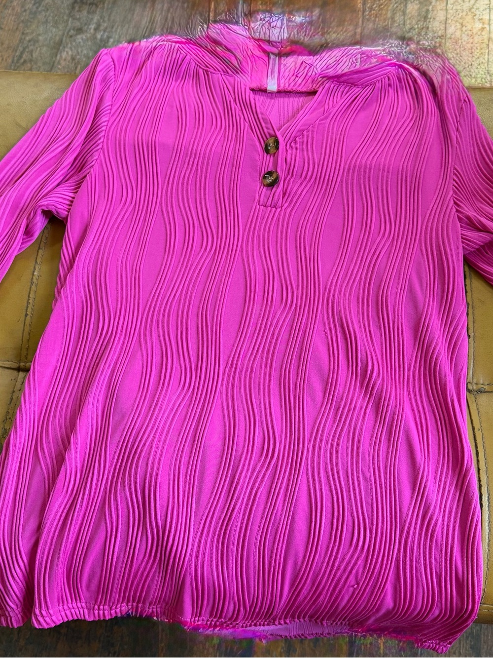 Women’s Pink Pleated V-Neck Top with Button Detail